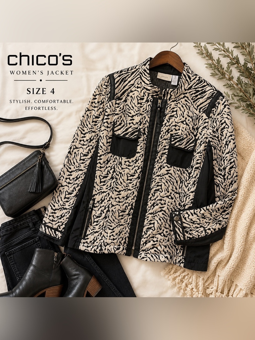 Chico's Black and Cream Patterned Faux Leather details Zip Jacket Sz 4